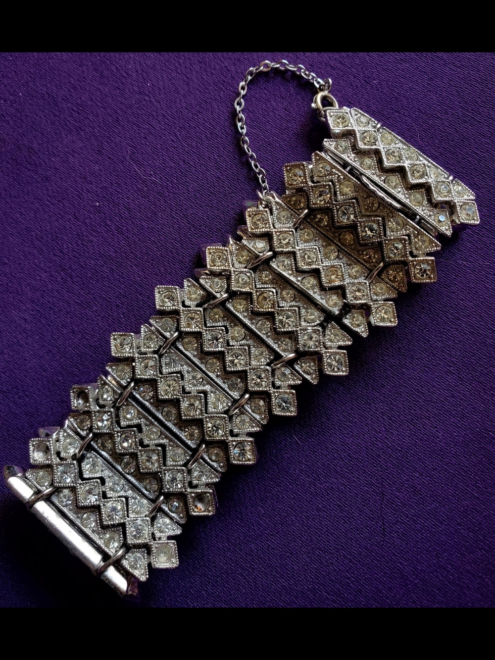 Vintage ORA STAMPED Silver Crystal Statement Bracelet - Women's Accessories